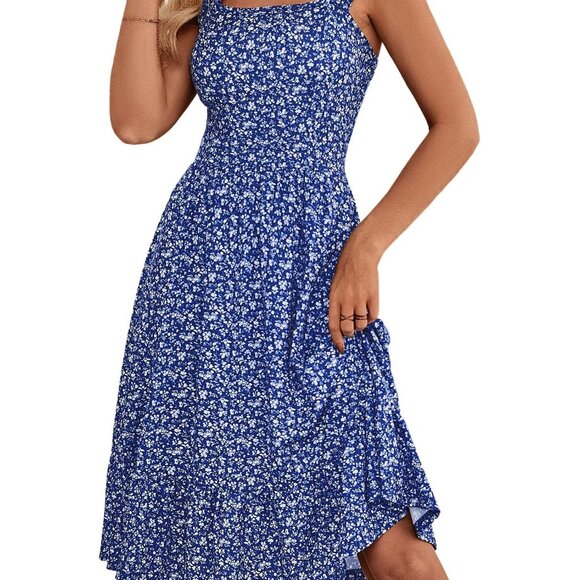 Summer Midi Dress Elastic Straps Square Neck Flowy A-line Sundress Chic Summer Midi Dress Elastic Straps Square Neck Flowy A-line Sundress Chic